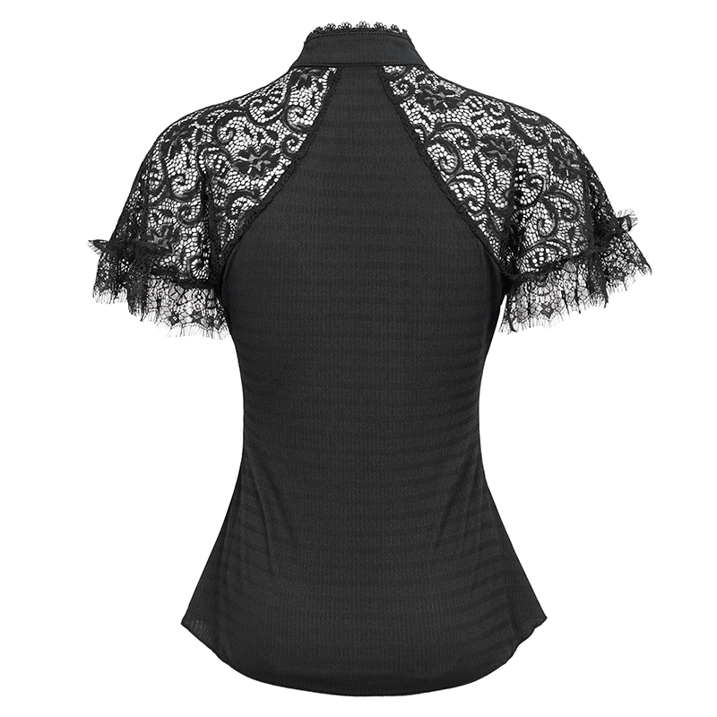 Back view of a women's black vintage lace short raglan sleeve t-shirt with a slim fit and elegant design.